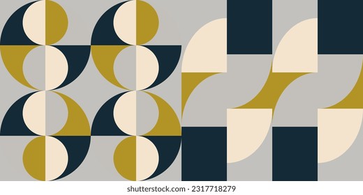 Geometric abstract vector seamless pattern with circles, rectangles and squares in retro Bauhaus style. Pastel colored simple shapes graphic background. 
