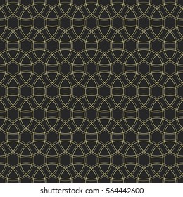 Geometric abstract vector seamless pattern. Gold intersecting circles on dark background.