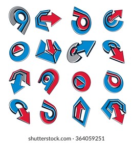 Geometric abstract vector shapes. Collection of red and blue arrows, navigation pictograms and multimedia signs, for use in web and graphic design.