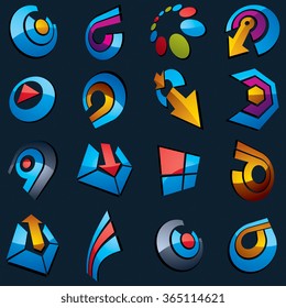 Geometric abstract vector shapes. Collection of arrows, navigation pictograms and multimedia signs, for use in web and graphic design.