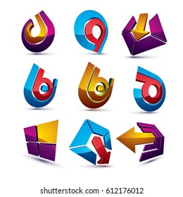 Geometric abstract vector shapes. Collection of arrows, navigation pictograms and multimedia signs, for use in web and graphic design.