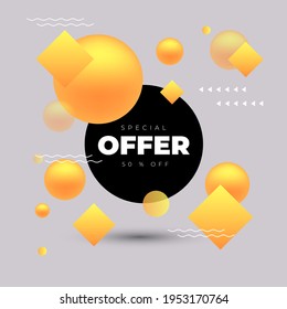 Plantilla vectorial abstracta geométrica con círculo negro y diferentes formas amarillas y oferta especial de letras 