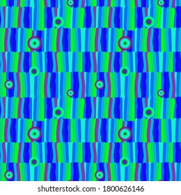 Geometric Abstract vertical blue and green stripes with colored circles seamless pattern. Vector illustration for textile print and decorations.