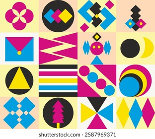 Geometric Abstract Vibrant Mosaic background with colorful circles, triangles, and squares. Design for webpages, presentations, flyers, posters, and other design 