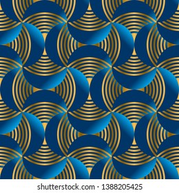 Geometric abstract waves in metal gold and marine blue. Seamless pattern for wrap, paper, packing, surface design, fabric, print, web. Jupan textile inspired tile motif. Vector repeatable element