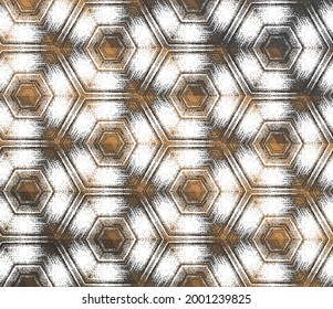 Geometric abstract white and dark gray with metallic copper texture kaleidoscopic hexagonal pattern. Vector ornament for background, wallpaper, banner, collage. 