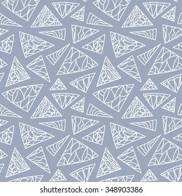 Geometric abstract white outline shapes pattern. Vector seamless grey background. 