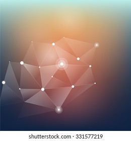 Geometric abstract white polygon, fractal. Connecting dots and lines on the blue blur background.