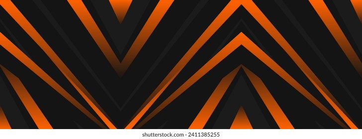 Geometrisches abstraktes breites horizontales Banner mit orangen und schwarzen Linien und Formen. Farbige, moderne, sportliche, helle futuristische horizontale abstrakte breiter Hintergrund. Vektorgrafik EPS10.