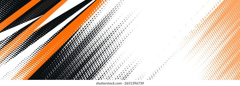 Geometric abstract wide horizontal banner with orange and black lines and shapes. Colored modern sporty bright futuristic horizontal abstract wide background. Vector. 