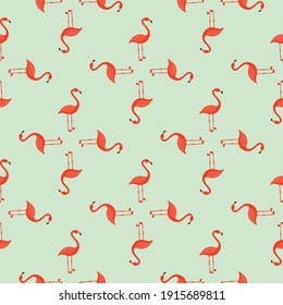 Geometric abstract zoo seamless pattern with bright orange flamingo ornament. Light blue background. Vector illustration for seasonal textile prints, fabric, banners, backdrops and wallpapers.