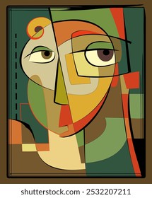 A geometric abstraction features a stylized face composed of overlapping shapes in earthy tones and bold outlines. The composition combines angular and curved forms to create
visual impression.