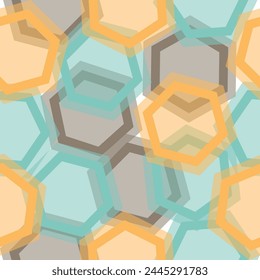 Geometric abstraction of hexagons on a blue relief background with gold elements. Grunge texture with fabric imitation. Vector illustration.
