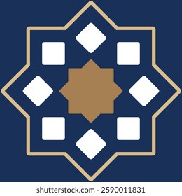 Geometric abstraction with octagon, square, and rhombus shapes arranged in symmetrical pattern isolated on dark blue background.