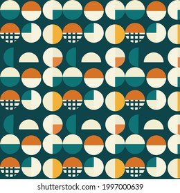 Abstracción geométrica. Patrón sin foco. En un fondo verde. Textil al estilo de los años 60.