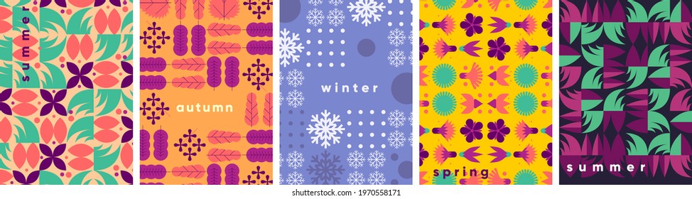 Geometric abstraction. Seasons. Summer, winter, autumn, spring. A set of vector illustrations.  Background pattern for a poster, banner, or flyer.