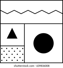 Geometric abstraction in the style of the memphis. Vector illustration for design. Black and white background.