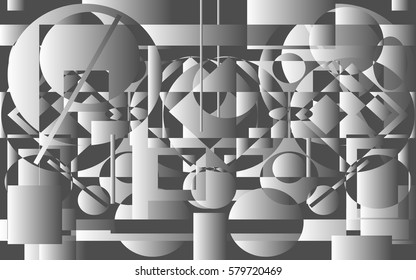 Geometric abstraction symmetrical of the shapes of squares, circles, lines of different shades of gray horizontal