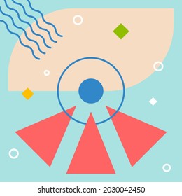 abstracción geométrica con tres triángulos rojos y un punto azul y círculo azul en el centro. Formas geométricas simples sobre un fondo de menta. 