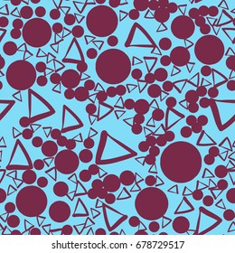 Geometric abstraction: vibrant vector illustration features playful interplay of burgundy circular shapes and triangular forms scattered across soft light blue canvas. Outlined geometric elements create dynamic flow with varying sizes, employing repetitive structure that invites eye movement across surface. Bold hues combined with simple forms establish modern stylish aesthetic appealing to contemporary design trends. Harmonious yet energetic composition serves as lively backdrop for youthful creative audiences in marketing materials. This digital artwork exhibits balanced distribution of elements with colourful palette suitable for branding applications. Patterned arrangement works well for interior design elements, logo concepts, and decorative motifs with whimsical stylization.