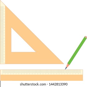 geometric accessories triangle, ruler and green pencil