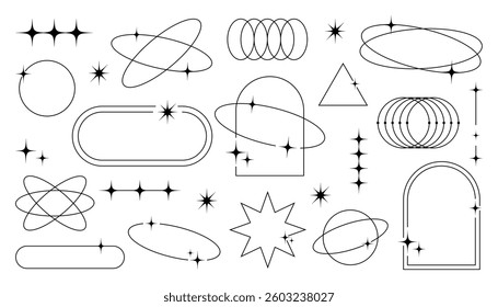 Geometric aesthetic abstract line frames and shapes, brutalism, Y2K style, futuristic orbit rings and cosmic sparkles