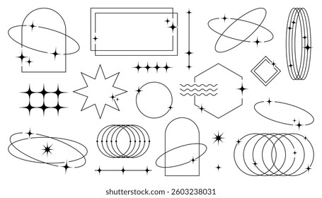 Geometric aesthetic abstract line frames and shapes, brutalism, Y2K style, trendy digital abstract elements with linear stars