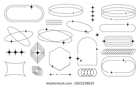 Geometric aesthetic abstract line frames and shapes, brutalism, Y2K style, minimalist celestial decorations with arched borders