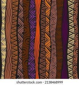 Patrón de ornamento folclórico geométrico africano. La textura tribal étnica y los motivos estriados. Estilo de bordado retro. Diseño de fondo, papel pintado, decoración, ropa, cubierta, cortina. Ilustración vectorial.