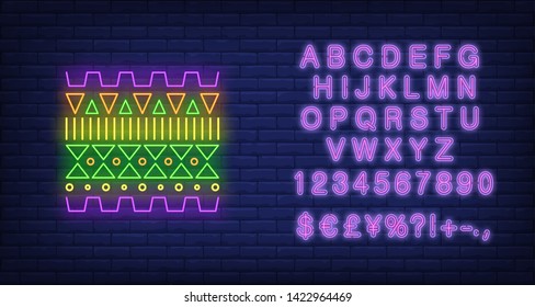 Geometric African pattern neon sign. Pattern, ethnic ornament, decor design. Night bright neon sign, colorful billboard, light banner. Vector illustration in neon style.