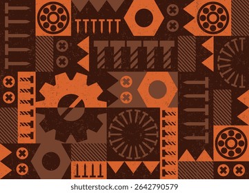Geometric aged rusty pattern with cogwheel symbols, mechanical engineering elements, industrial tools. Graphics abstract composition, best use in web design, business card, poster, textile print.