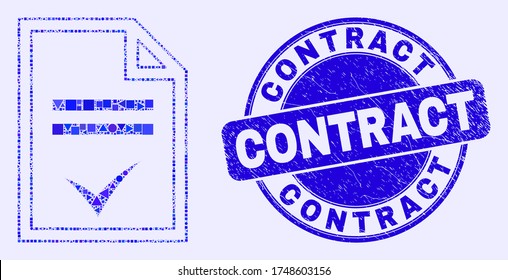 Geometric agreement page mosaic icon and Contract seal stamp. Blue vector rounded scratched seal with Contract title. Abstract composition of agreement page done of circle, tringle,