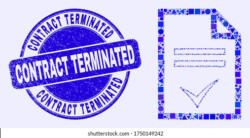 Geometric agreement page mosaic pictogram and Contract Terminated watermark. Blue vector round grunge watermark with Contract Terminated phrase. Abstract mosaic of agreement page combined of sphere,