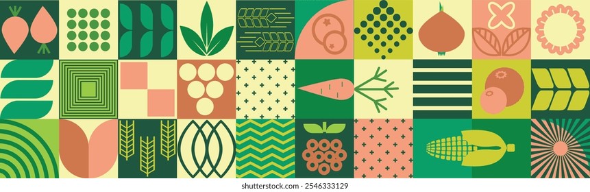 Padrão agrícola geométrico. Plantas abstratas, frutas, legumes, orelhas de forma simples, conceito floral minimalista de uma eco-fazenda.
