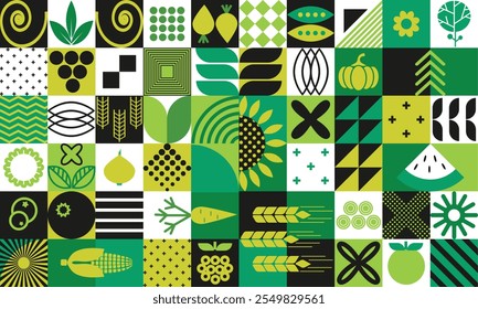 Geometric agricultural pattern. Abstract plants, fruits, vegetables, ears of simple shape, minimalistic floral concept of an eco-farm. Hand drawn, not AI