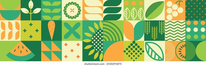 Padrão agrícola geométrico. Plantas abstratas, frutas, legumes, orelhas de forma simples, conceito floral minimalista de uma eco-fazenda. Desenhado à mão, não com IA