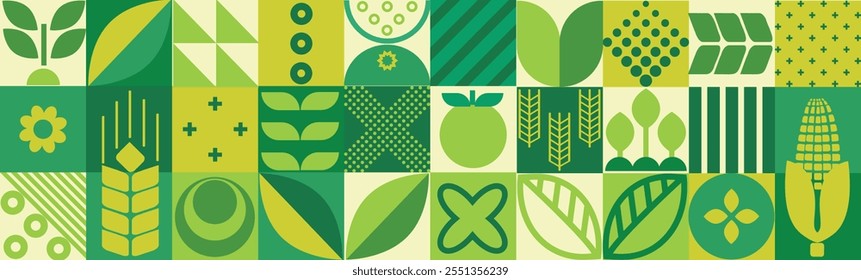 Geometric agricultural pattern. Abstract plants, fruits, vegetables, ears of simple shape, minimalistic floral concept of an eco-farm. Hand drawn, not AI