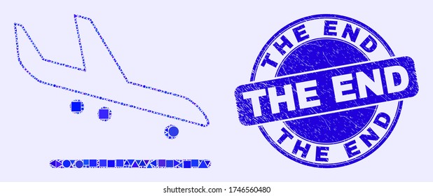 Geometric airplane arrival mosaic pictogram and The End seal. Blue vector round grunge seal with The End text. Abstract concept of airplane arrival done of round, triangles, square geometric spots.