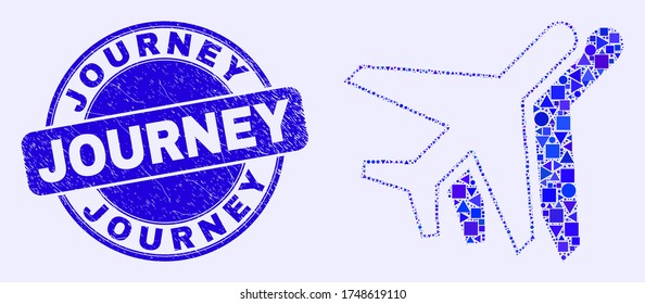 Geometric airplanes mosaic icon and Journey seal stamp. Blue vector round textured seal stamp with Journey title. Abstract concept of airplanes combined of round, triangles, square geometric items.