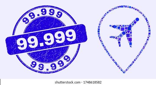 Geometric airport map marker mosaic icon and 99.999 seal stamp. Blue vector rounded textured seal stamp with 99.999 caption. Abstract mosaic of airport map marker created of round, tringle,