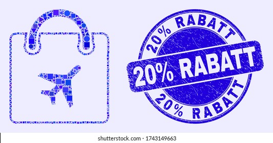 Geometric airport shopping bag mosaic pictogram and 20% Rabatt seal. Blue vector rounded textured seal stamp with 20% Rabatt text. Abstract mosaic of airport shopping bag organized of sphere, tringle,
