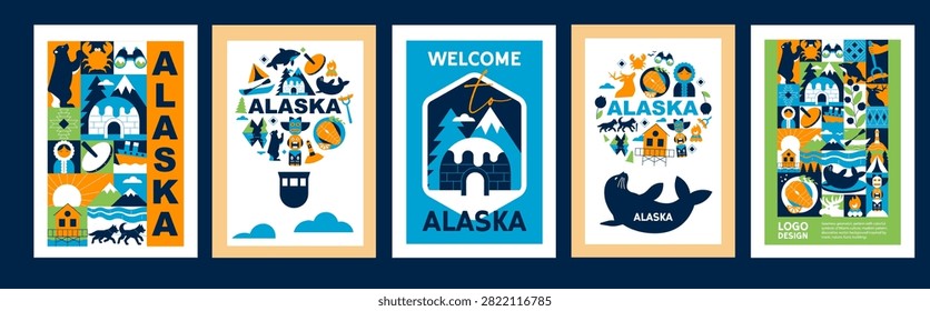 Geometric Alaska Poster Set with Arctic Nature, Wildlife, Mountains, Travel and Tourism Symbols, Colorful Vector Design Templates