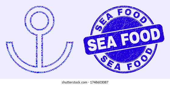Geometric anchor mosaic icon and Sea Food watermark. Blue vector round grunge seal stamp with Sea Food title. Abstract mosaic of anchor constructed of round, tringle, square geometric spots.