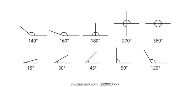Geometric angles. Vector illustration. Degrees, 30, 35, 45, 60, 90, 120, 180, 270, 360. Draw, drawing, pencil, acute, obtuse, circle. Geometry concept. Vector black set icon on a white background