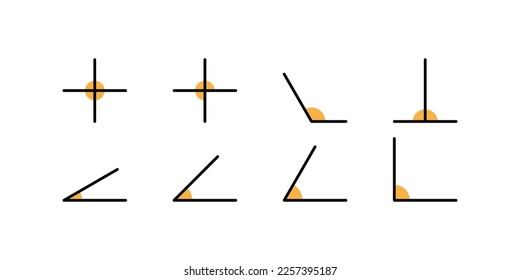 Geometric angles. Vector illustration. Degrees, 30, 35, 45, 60, 90, 120, 180, 270, 360. Draw, drawing, pencil, acute, obtuse, circle. Geometry concept. Vector line icon on white background