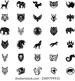 Geometric Animal Logos Wildlife Icons, Black and White Designs