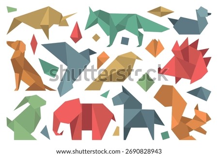 Geometric Animal Origami Vector Illustration Collection. Various animals such as birds, dogs, elephants, and more using polygonal shapes for creative design.