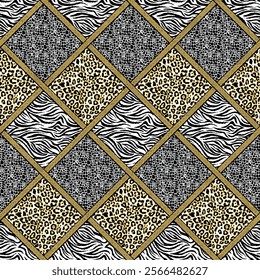 Geometric animal print patchwork design for fabric or fashion.