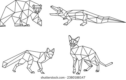 Geometric animals, cat, rhinoceros, crocodile, ostrich, lion, kangaroo, fox, bear