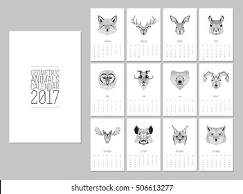 Geometric animals heads calendar 2017. Vector linework design. Week starts from Sunday.